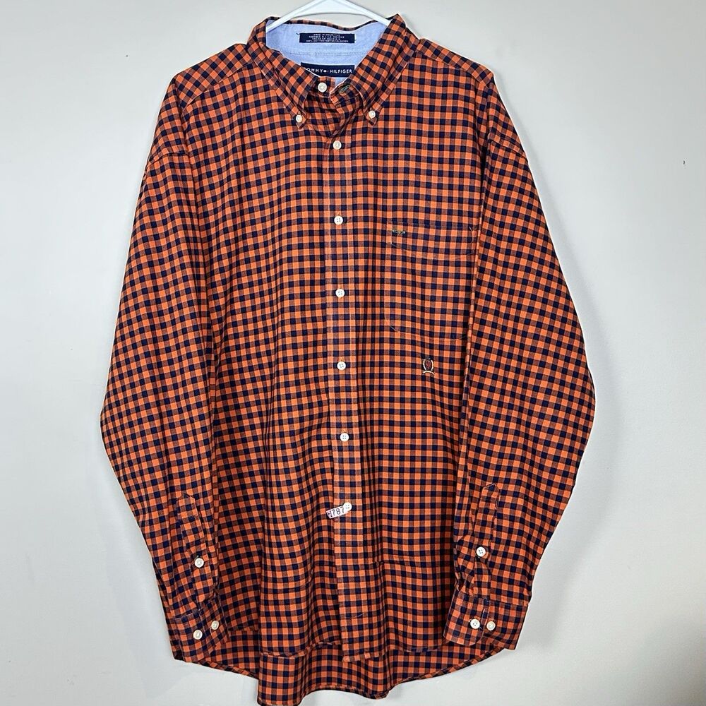 VTG Tommy Hilfiger Button Up Shirt Orange Navy Check Men XL Has Been Dry Cleaned